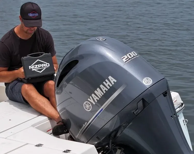 Yamaha F200 outboard receiving a Nizpro ECU performance tune at Performance Tech Marine, Miami.