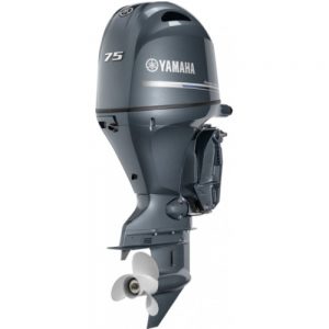 Yamaha F75LB outboard engine — full side view with prop